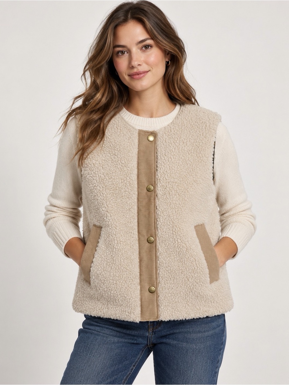 Barbour Beige Teddy Sherpa Button Front Vest